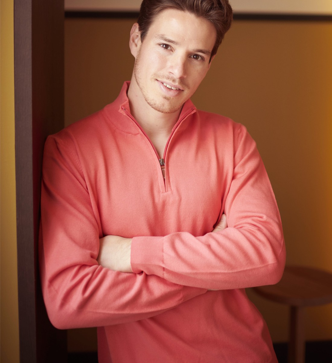 Pull col zippé 100% coton corail
