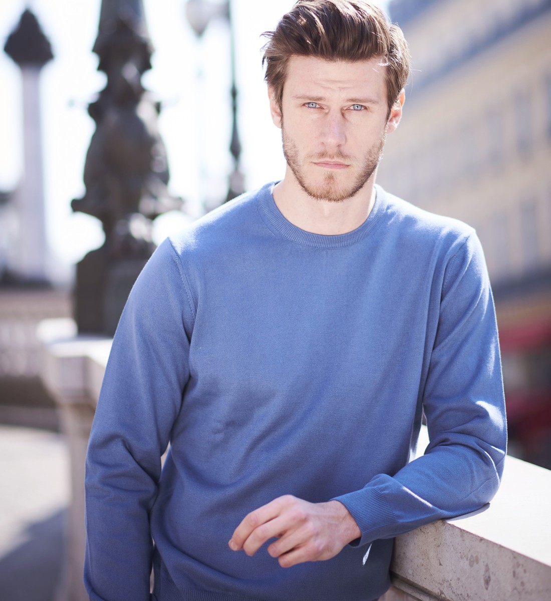 Pull col rond 100% coton bleu
