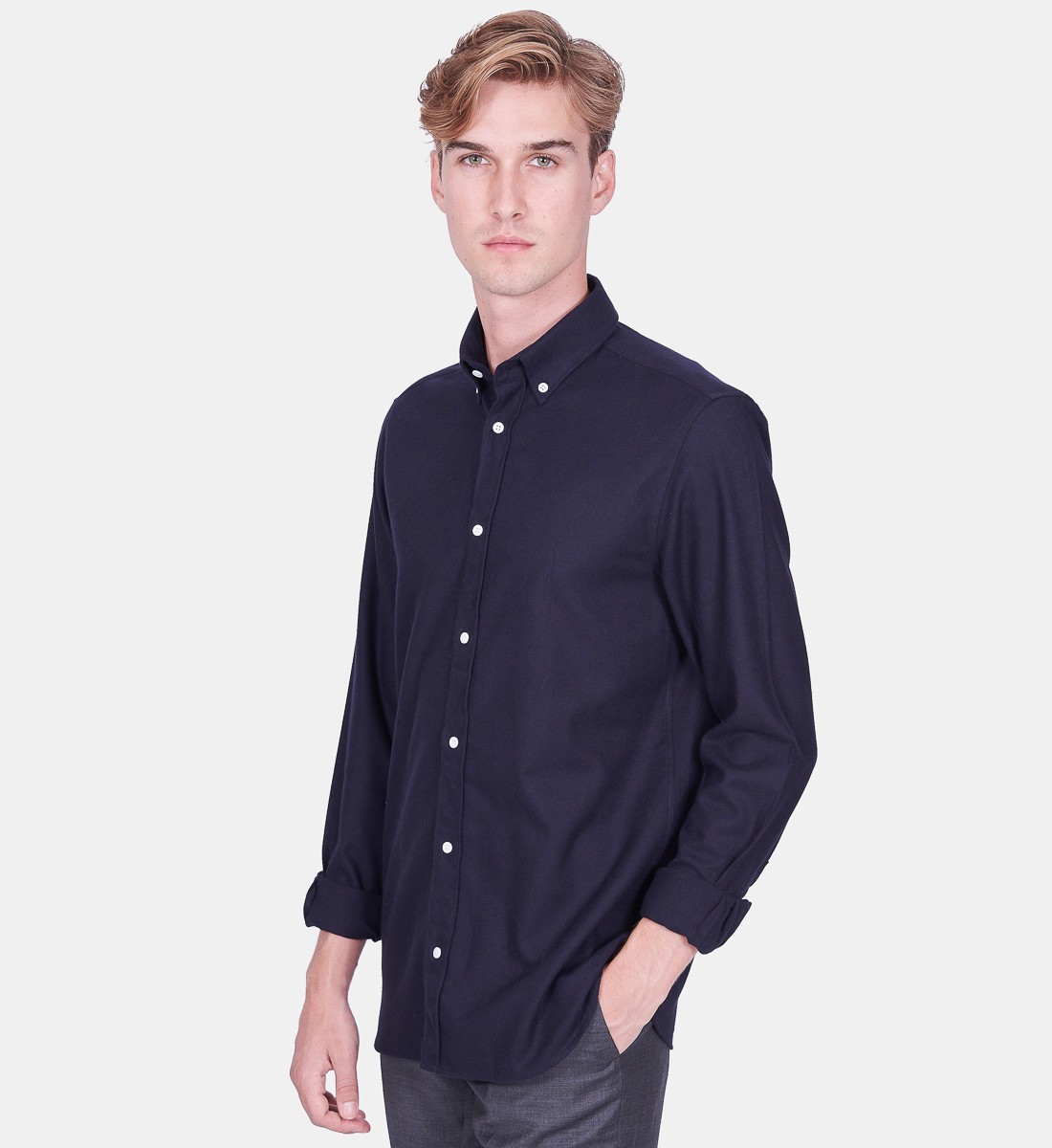 Chemise coupe droite flanelle uni marine