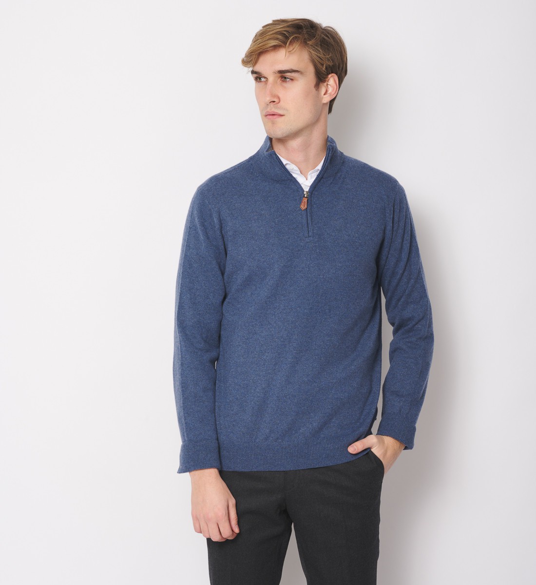 Pull zippé 100% cachemire Bleu Denim