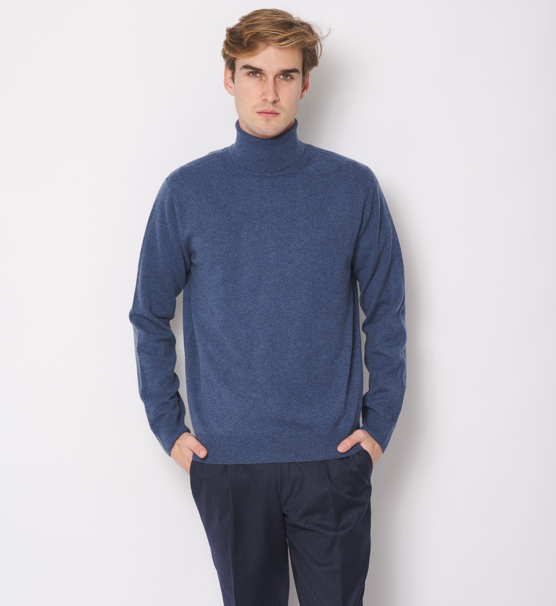 Pull Col roulé 100% Cachemire Bleu Denim