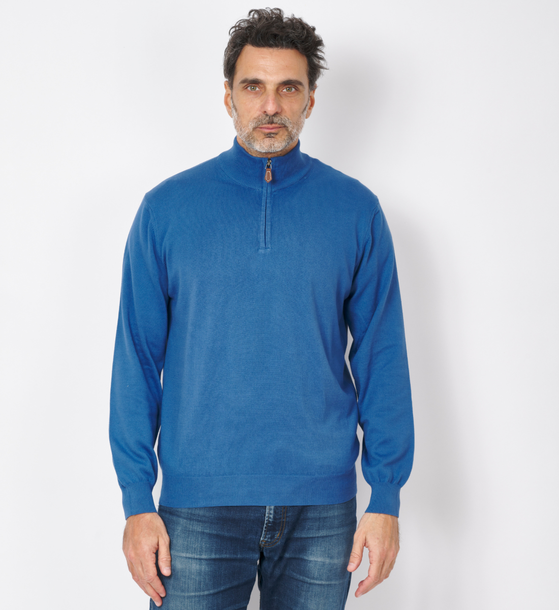 Pull col zippé en coton Bleu Denim