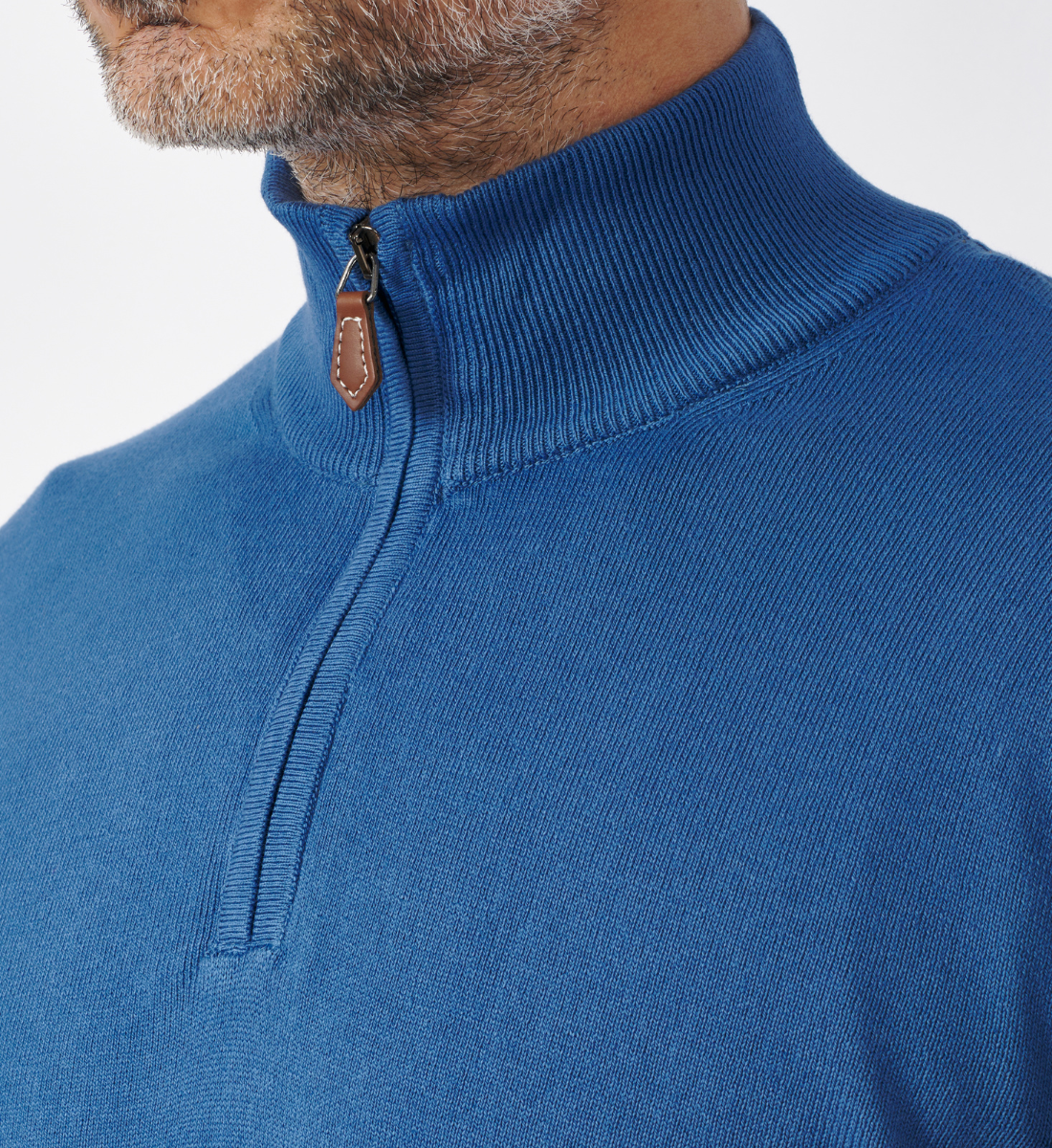 Pull col zippé en coton Bleu Denim