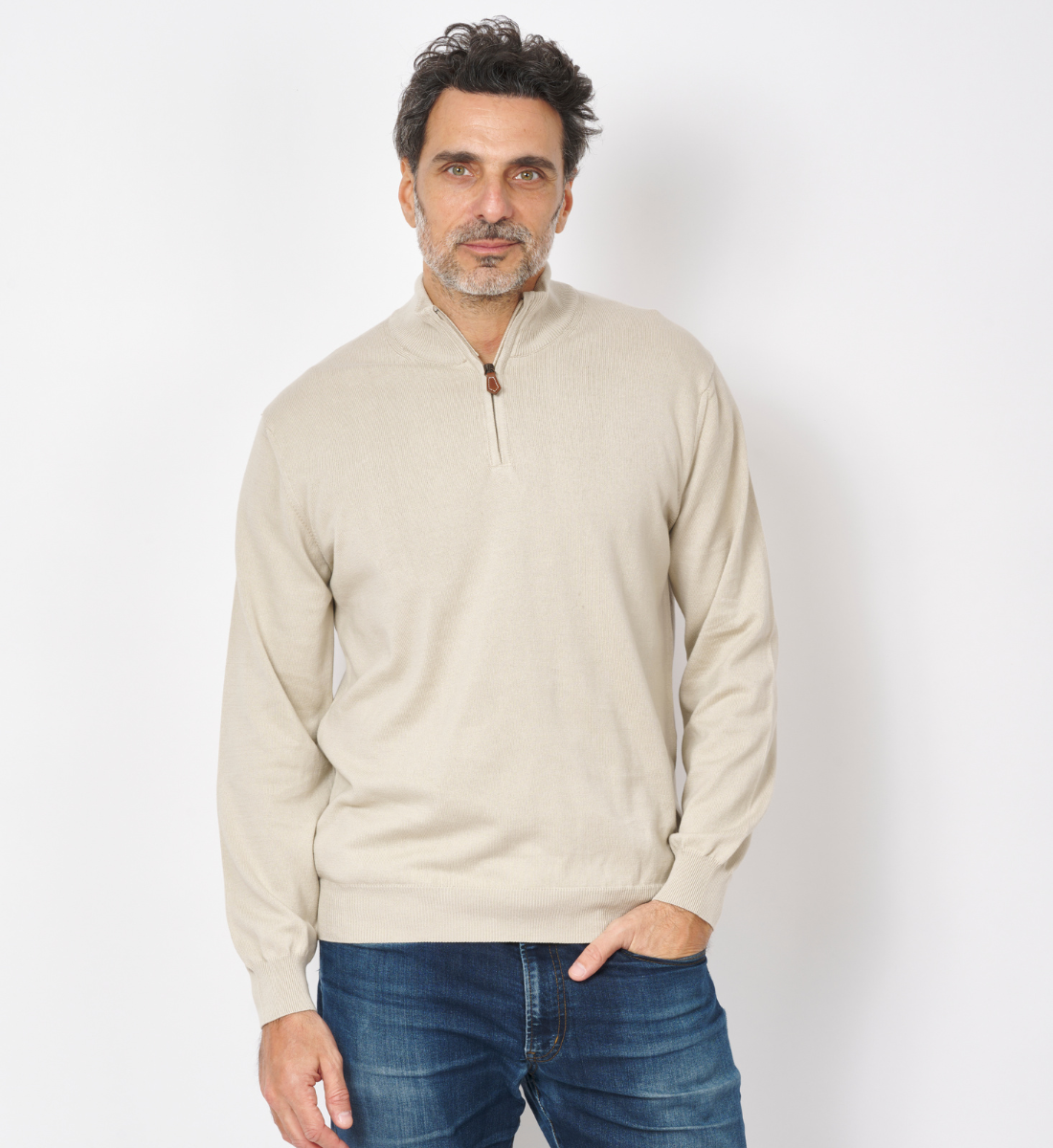 Pull col zippé en coton Beige