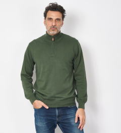 Pull col zippé en coton Kaki