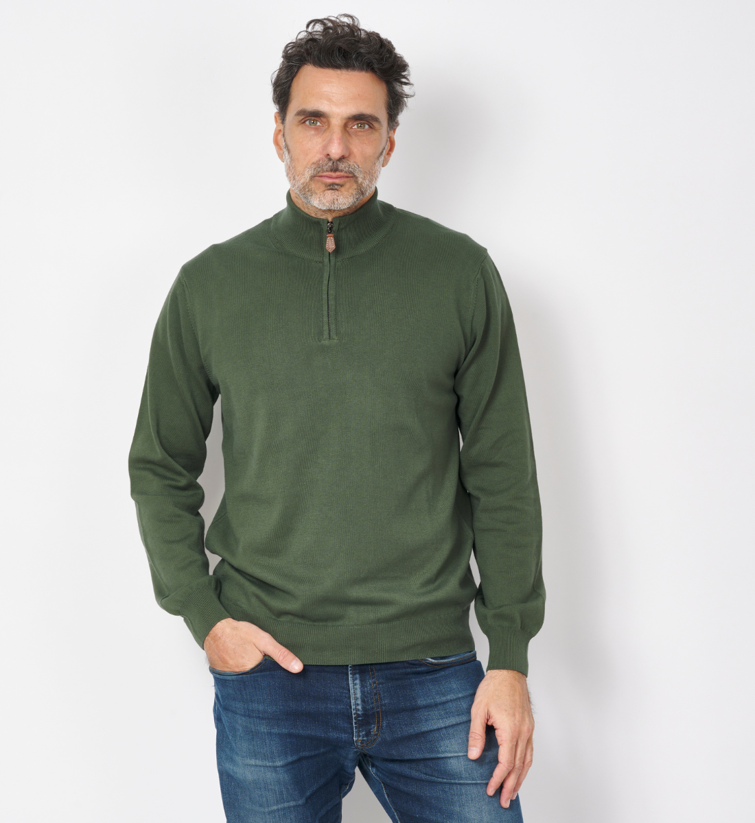 Pull col zippé en coton Kaki
