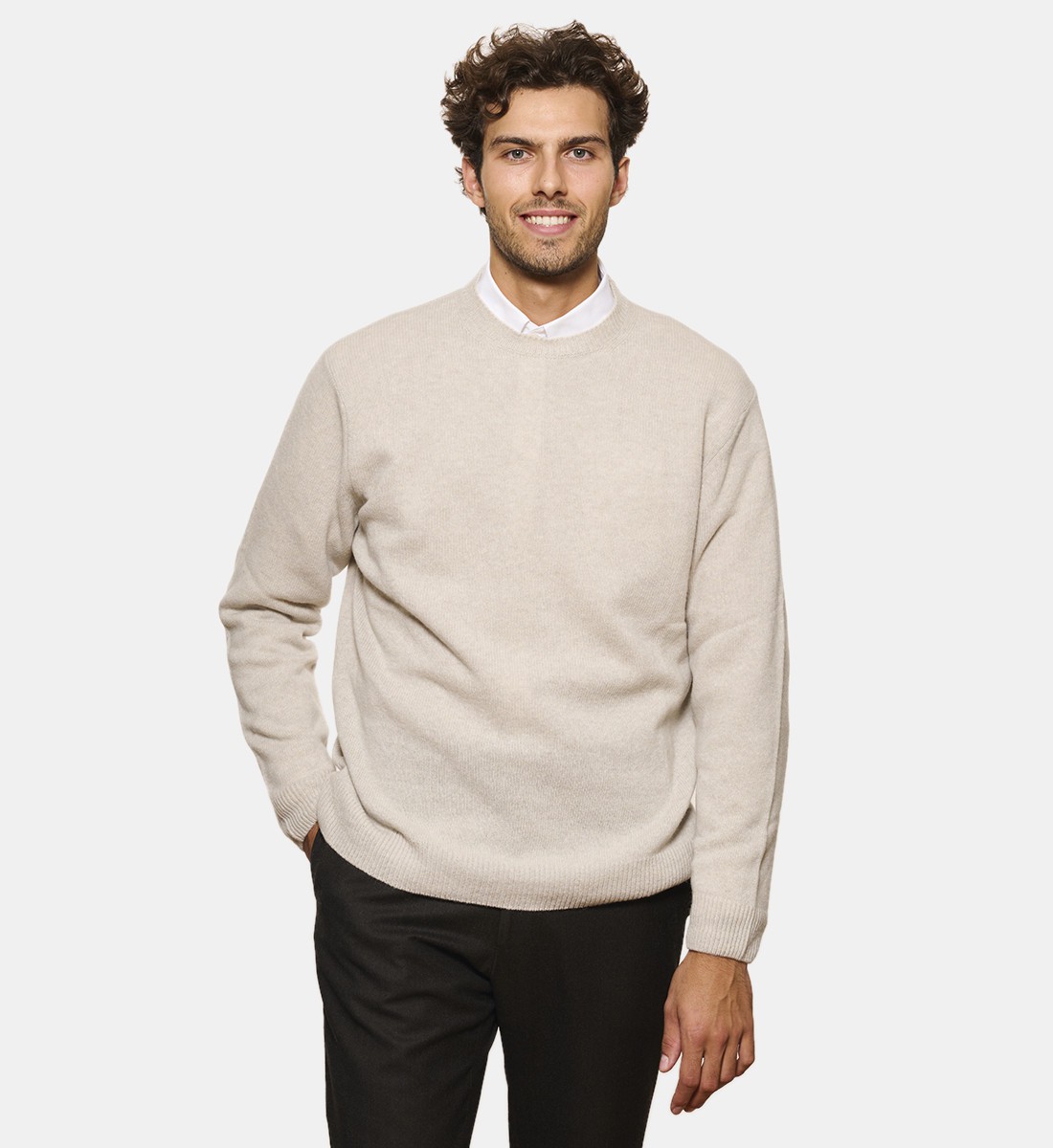 Pull Col Rond Beige en cachemire et laine