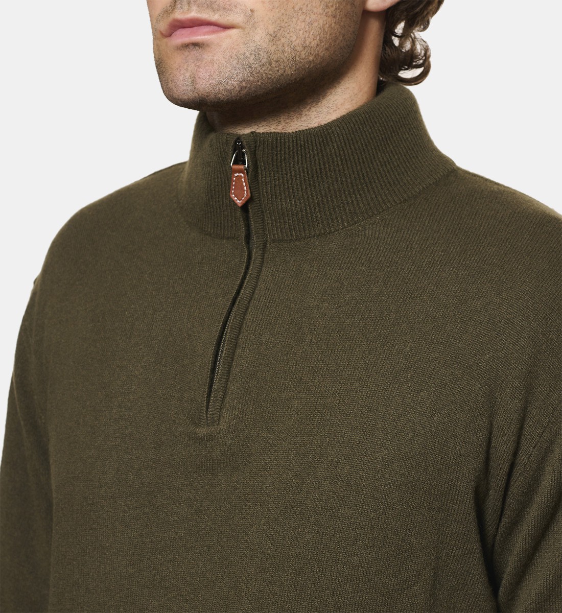 Pull kaki à col zippé en cachemire