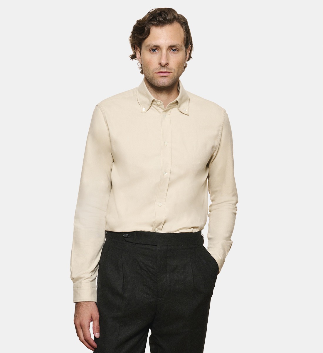 Chemise en flanelle ecru à col boutonné coupe droite