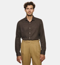 Chemise en flanelle marron col italien coupe droite