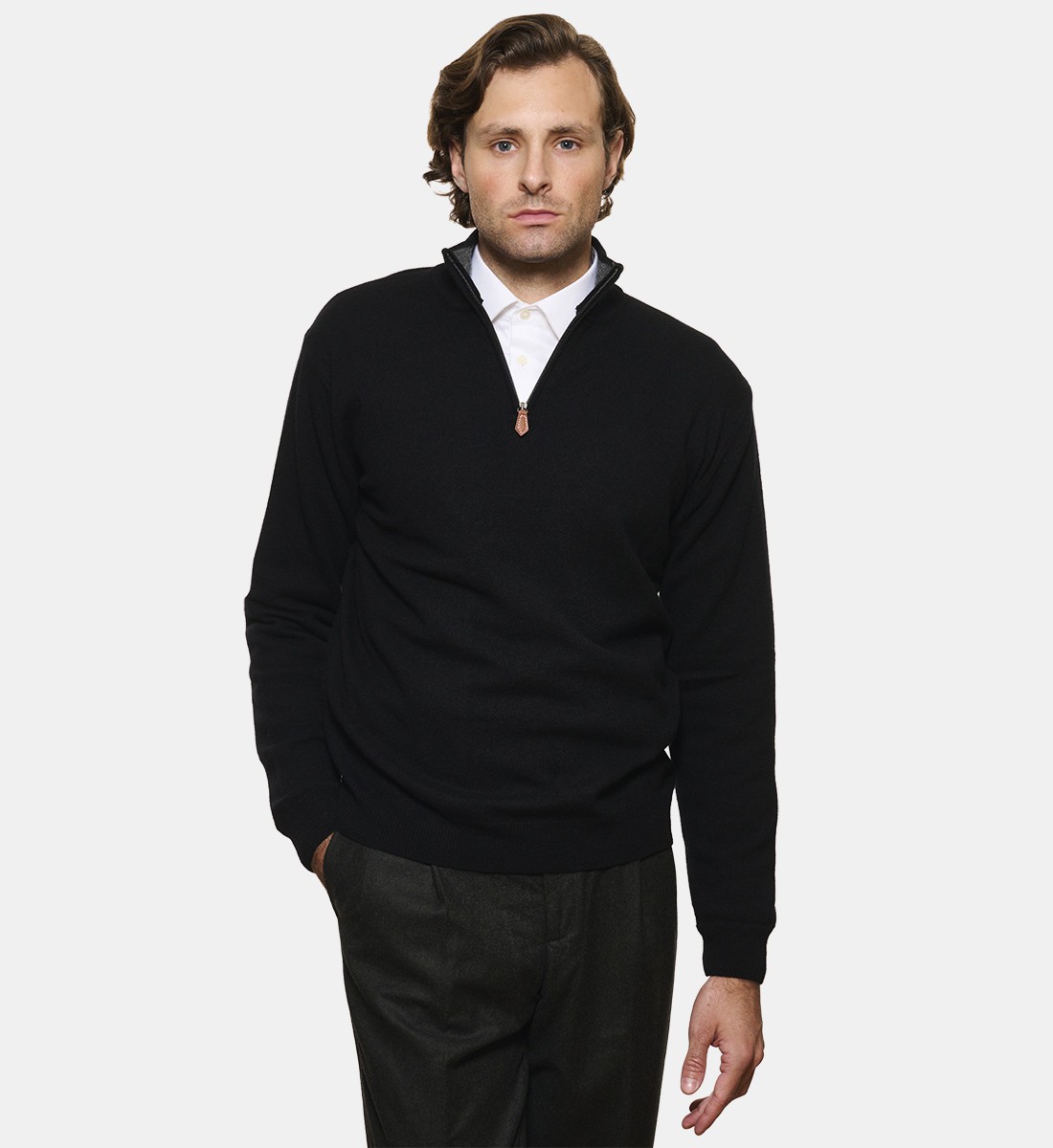 Pull noir à col zippé en cachemire