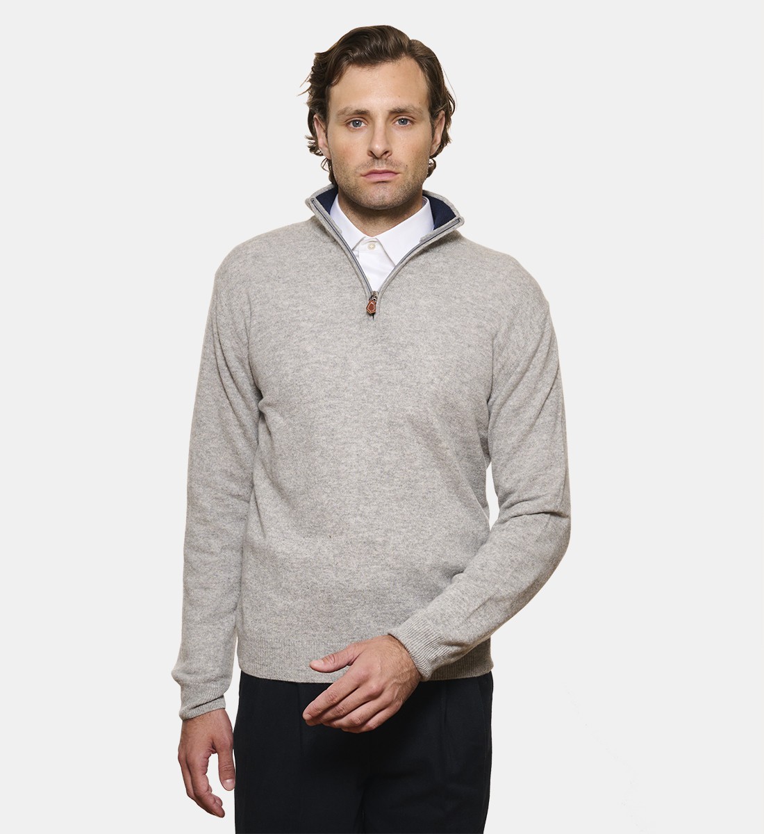Pull gris clair à col zippé en cachemire