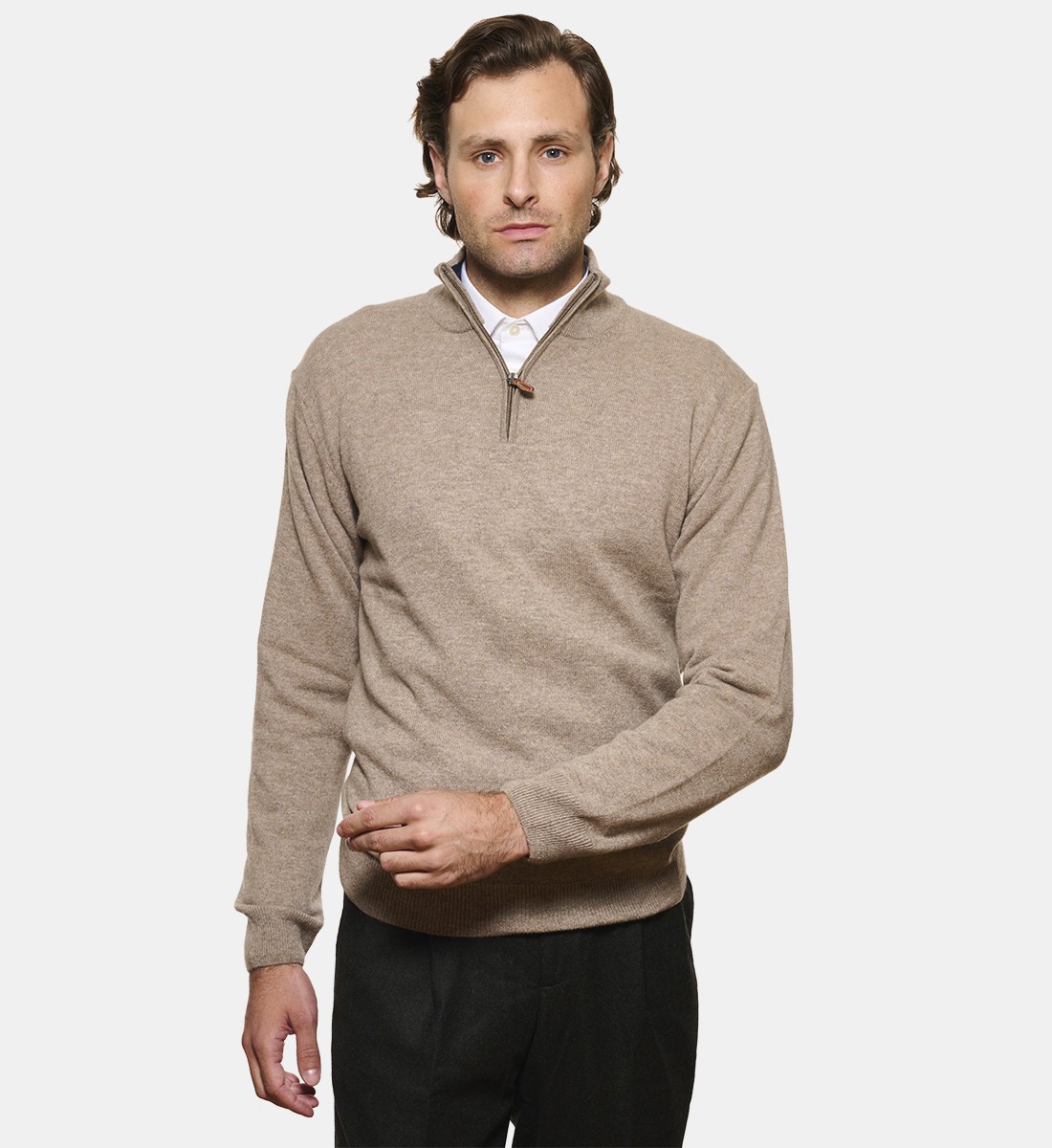 Pull Taupe à col zippé en cachemire