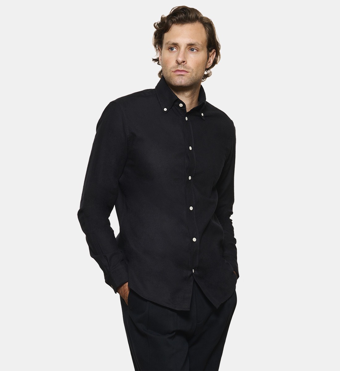 Chemise en flanelle noire à col boutonné coupe droite