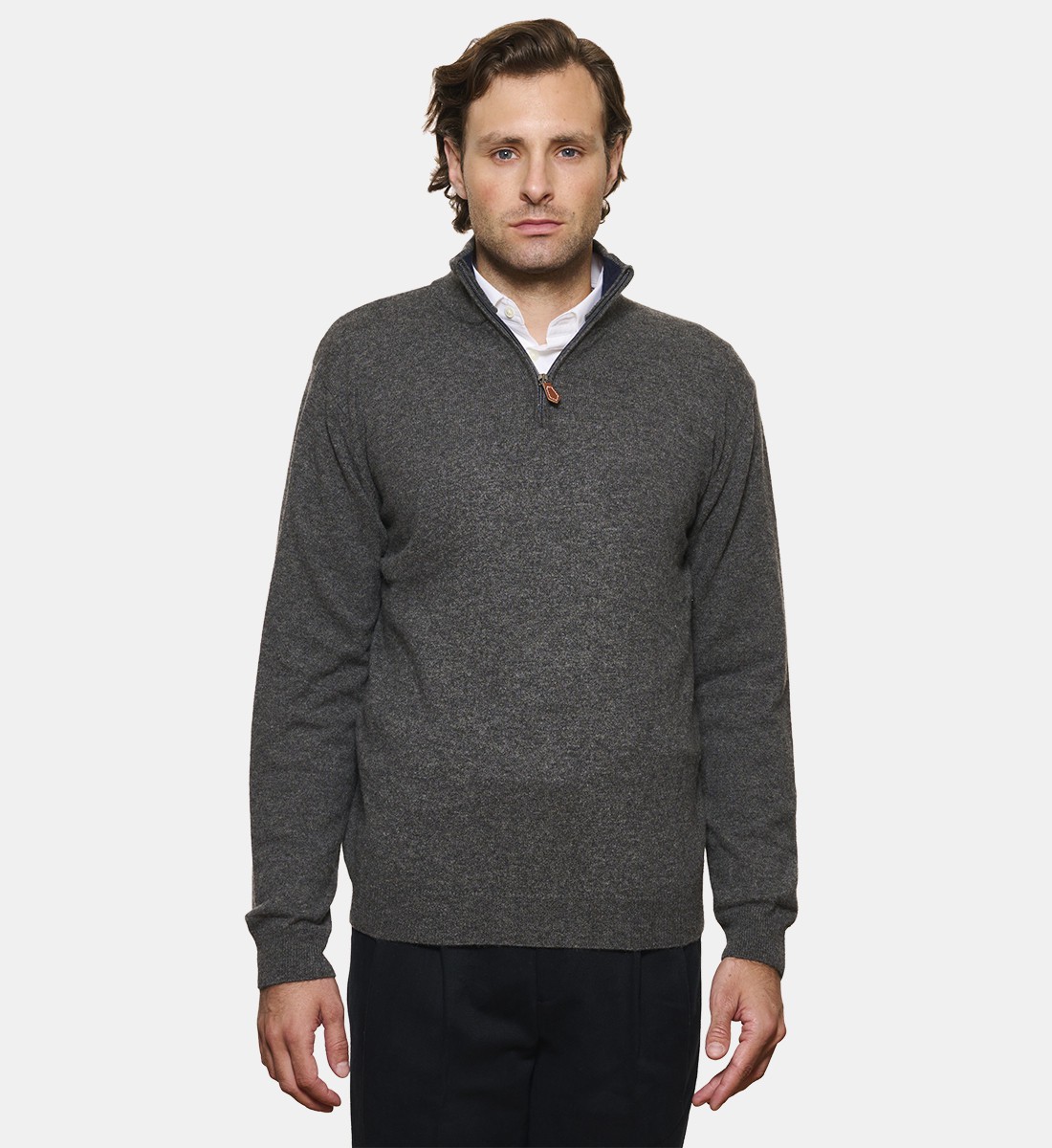 Pull anthracite à col zippé en cachemire