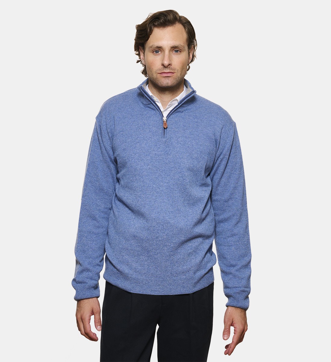 Pull bleu à col zippé en cachemire