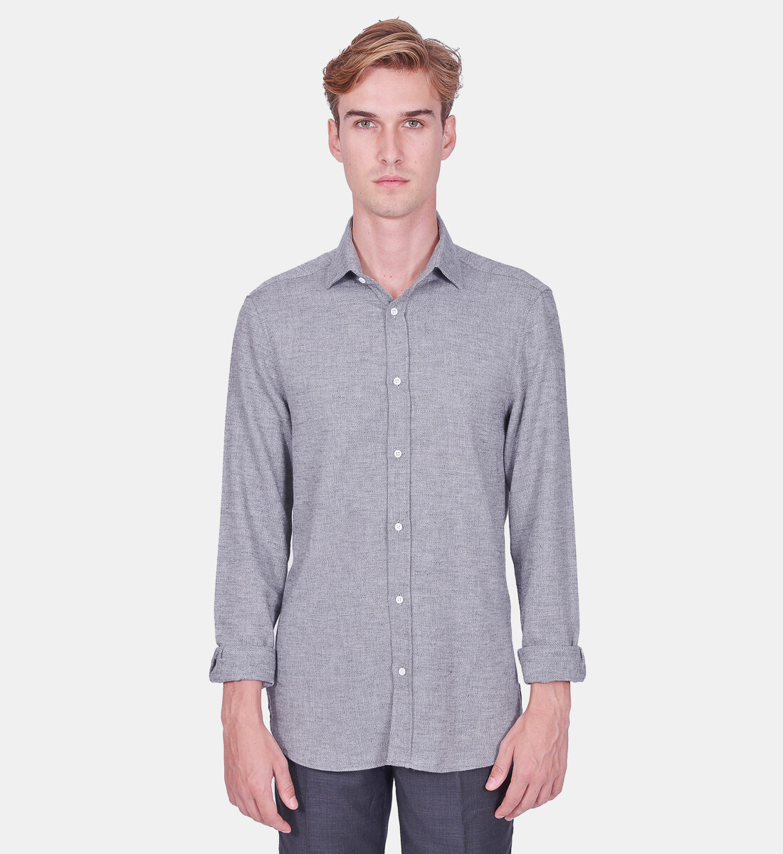 Chemise en flanelle grise col italien coupe droite
