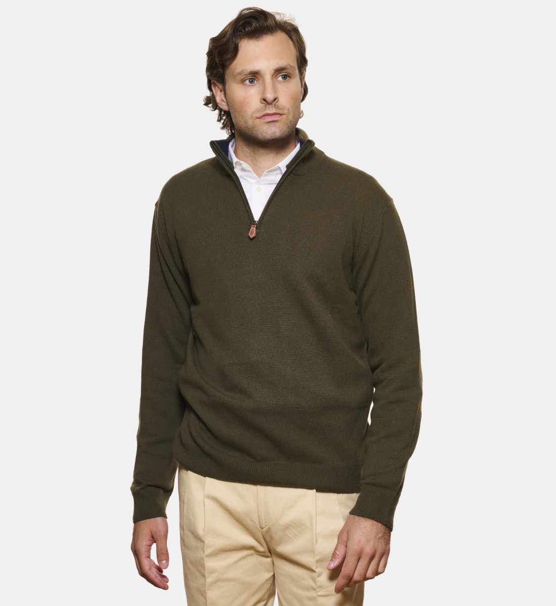 Pull kaki à col zippé en cachemire