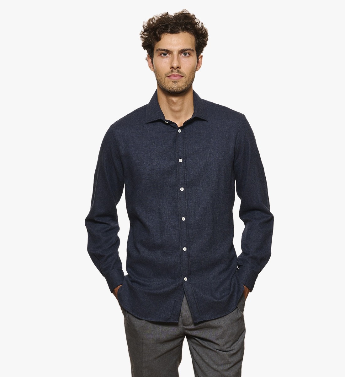 Chemise en flanelle marine col italien coupe droite
