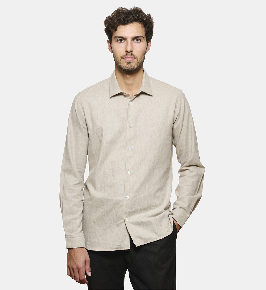 Chemise en flanelle beige coupe cintrée