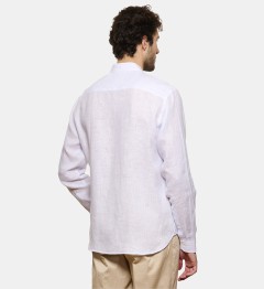 Chemise col chef en lin à rayures ciel coupe droite