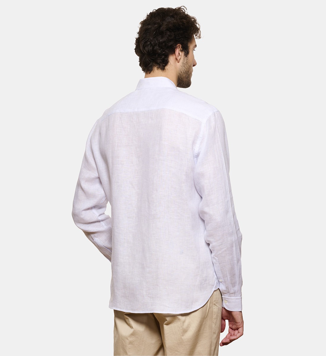 Chemise col chef en lin à rayures ciel coupe droite