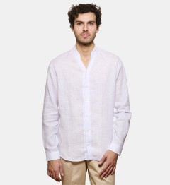 Chemise col chef en lin à rayures ciel coupe droite