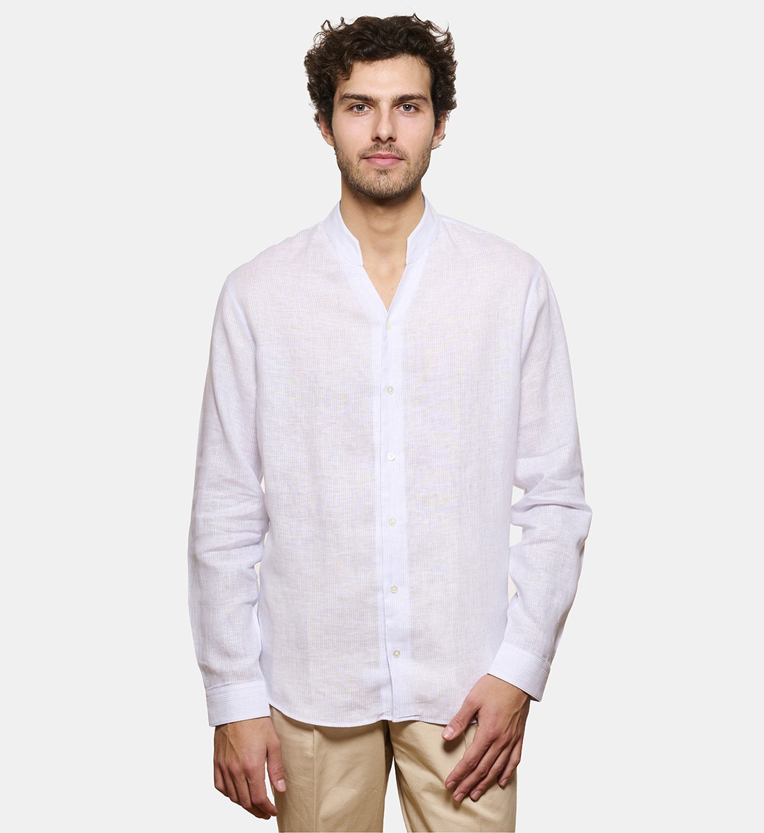Chemise col chef en lin à rayures ciel coupe droite