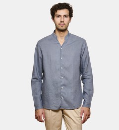 Chemise col chef en lin bleu gris coupe droite