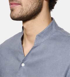 Chemise col chef en lin bleu gris coupe droite