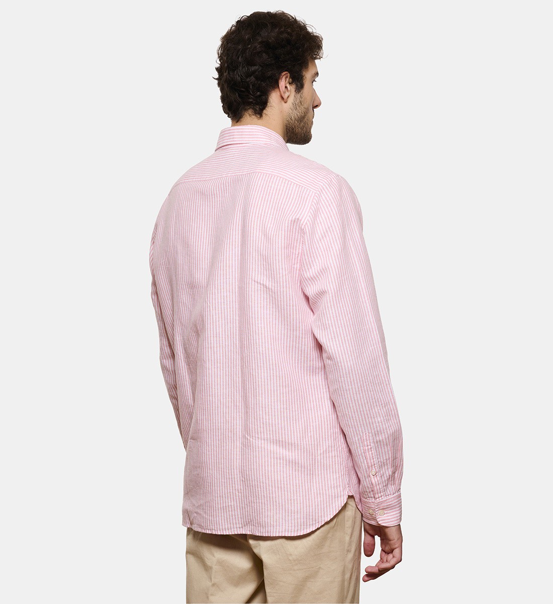 Chemise en lin et coton rayé rose coupe droite
