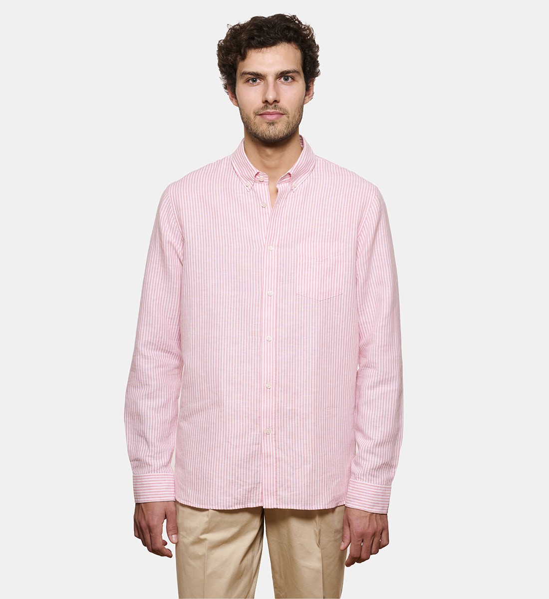 Chemise en lin et coton rayé rose coupe droite