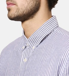 Chemise en lin et coton rayé marine coupe droite