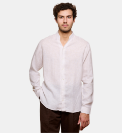 Chemise col chef en lin à rayures beige coupe droite