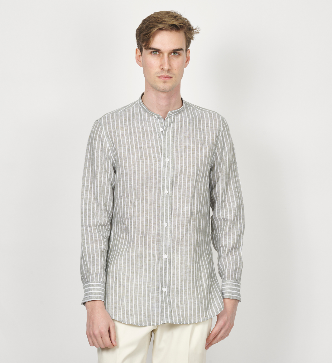 Chemise kaki col mao en lin à rayures coupe droite