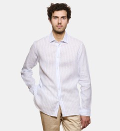 Chemise en lin ciel à rayures bâtons coupe droite