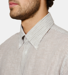 Chemise en lin et coton rayé kaki coupe droite