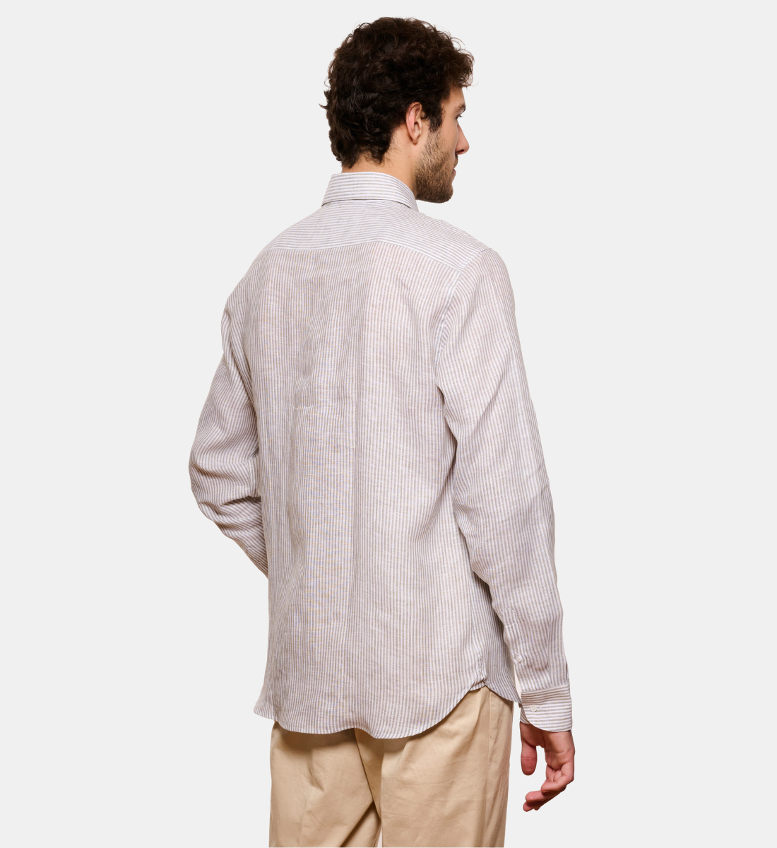Chemise en lin et coton rayé kaki coupe droite