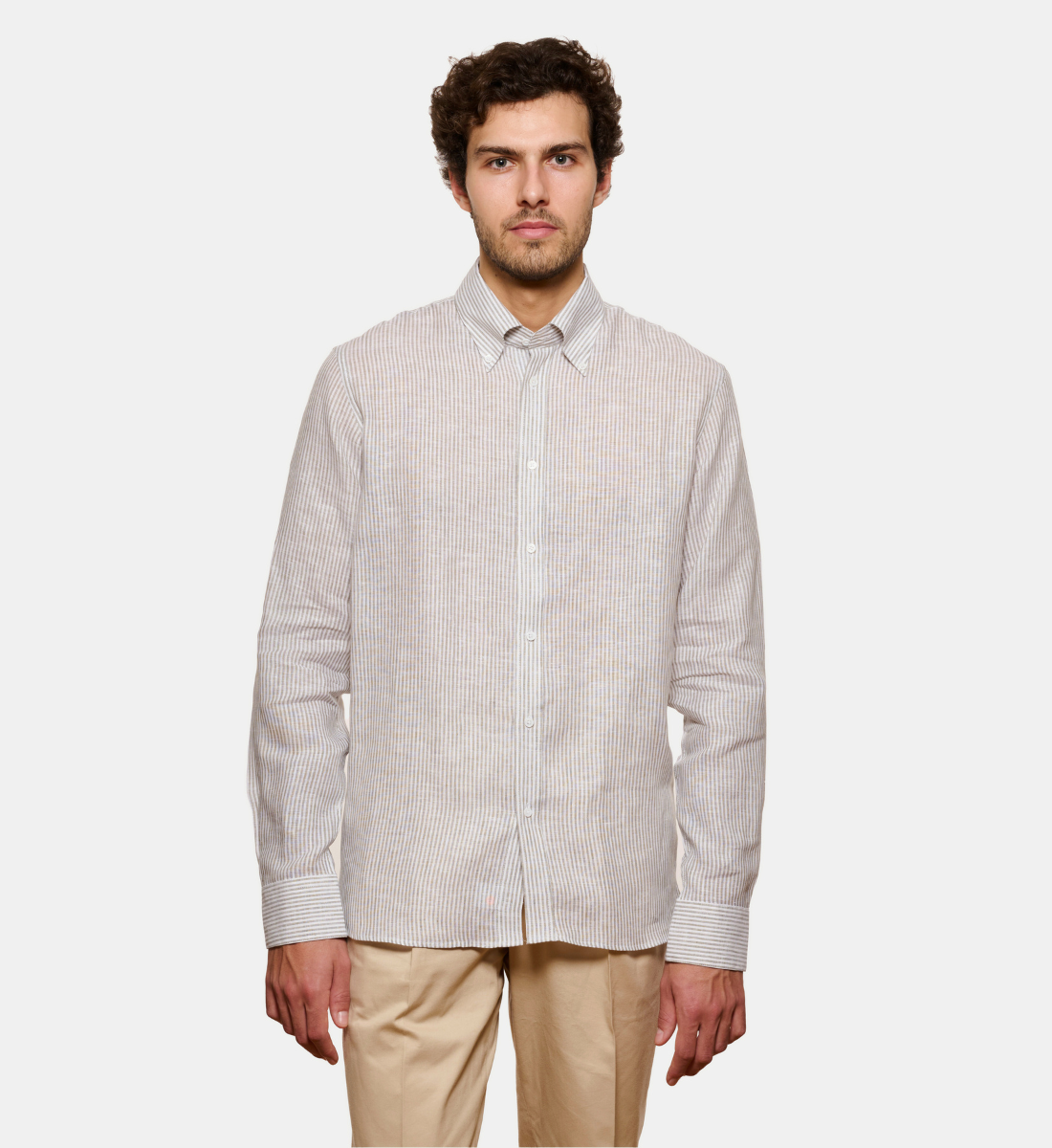 Chemise en lin et coton rayé kaki coupe droite