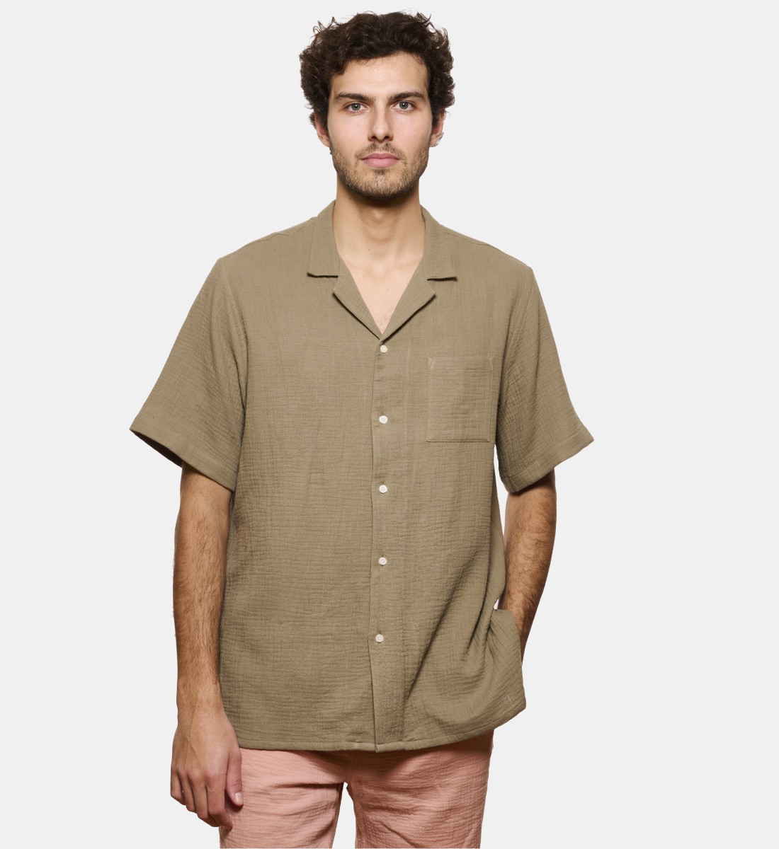 Chemise manches courtes gaze de coton kaki