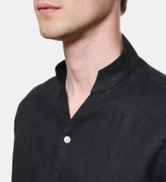 Chemise col chef en lin noir coupe droite