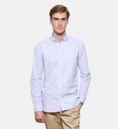 Chemise à rayures en coton et lin ciel col pointes boutonnées coupe droite