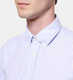 Chemise à rayures en coton et lin ciel col pointes boutonnées coupe droite