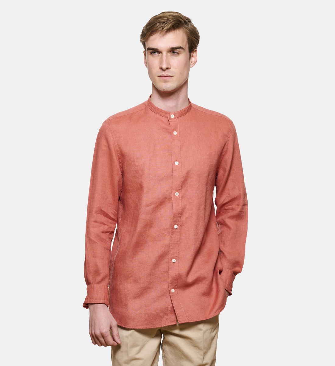 Chemise en lin corail col Mao coupe droite