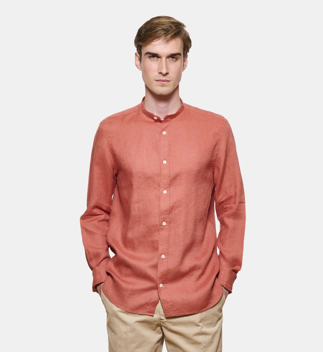 Chemise en lin corail col Mao coupe droite