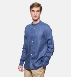Chemise en lin bleu col Mao coupe droite