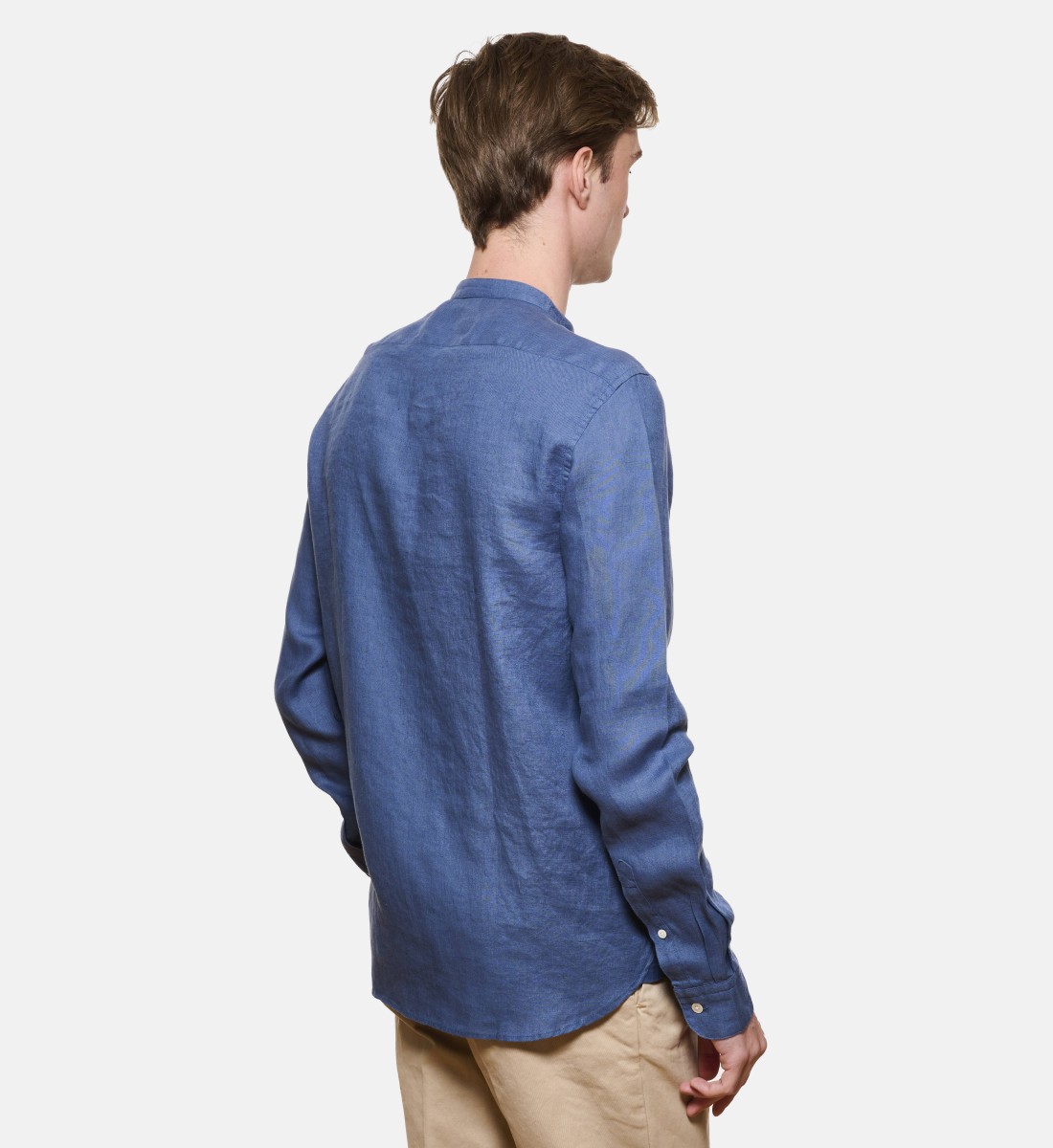 Chemise en lin bleu col Mao coupe droite