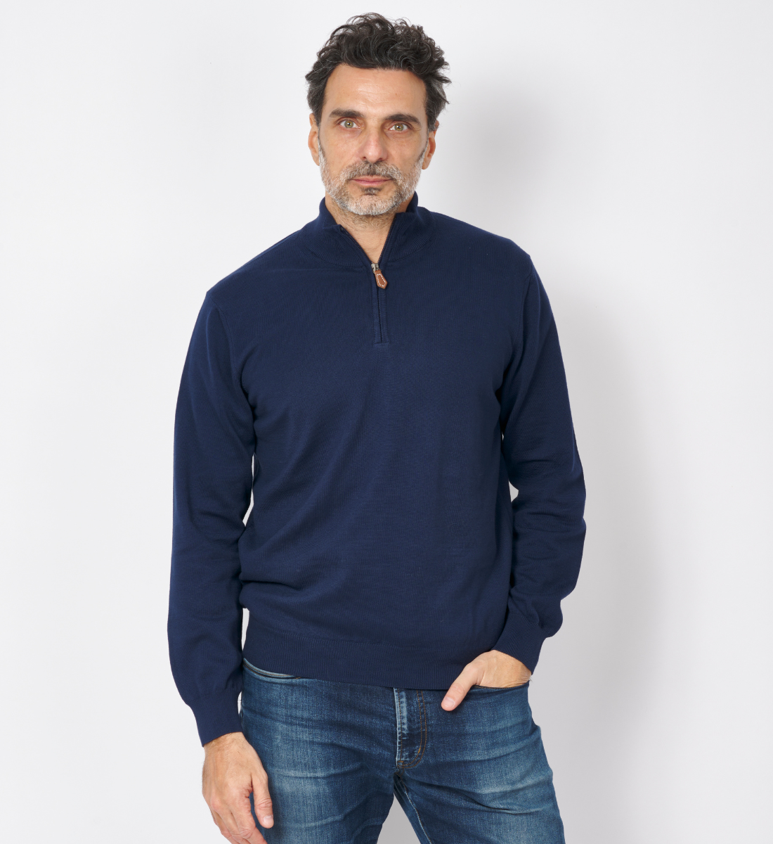 Pull col zippé en coton marine
