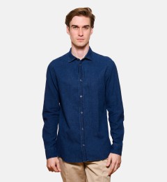 Chemise indigo lin coton coupe droite boutons pressions